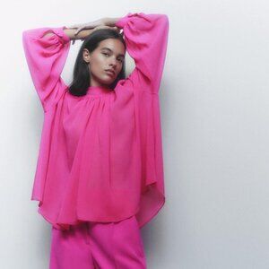 ZARA | Blouse Tie Detail Sheer Top | Sz. L